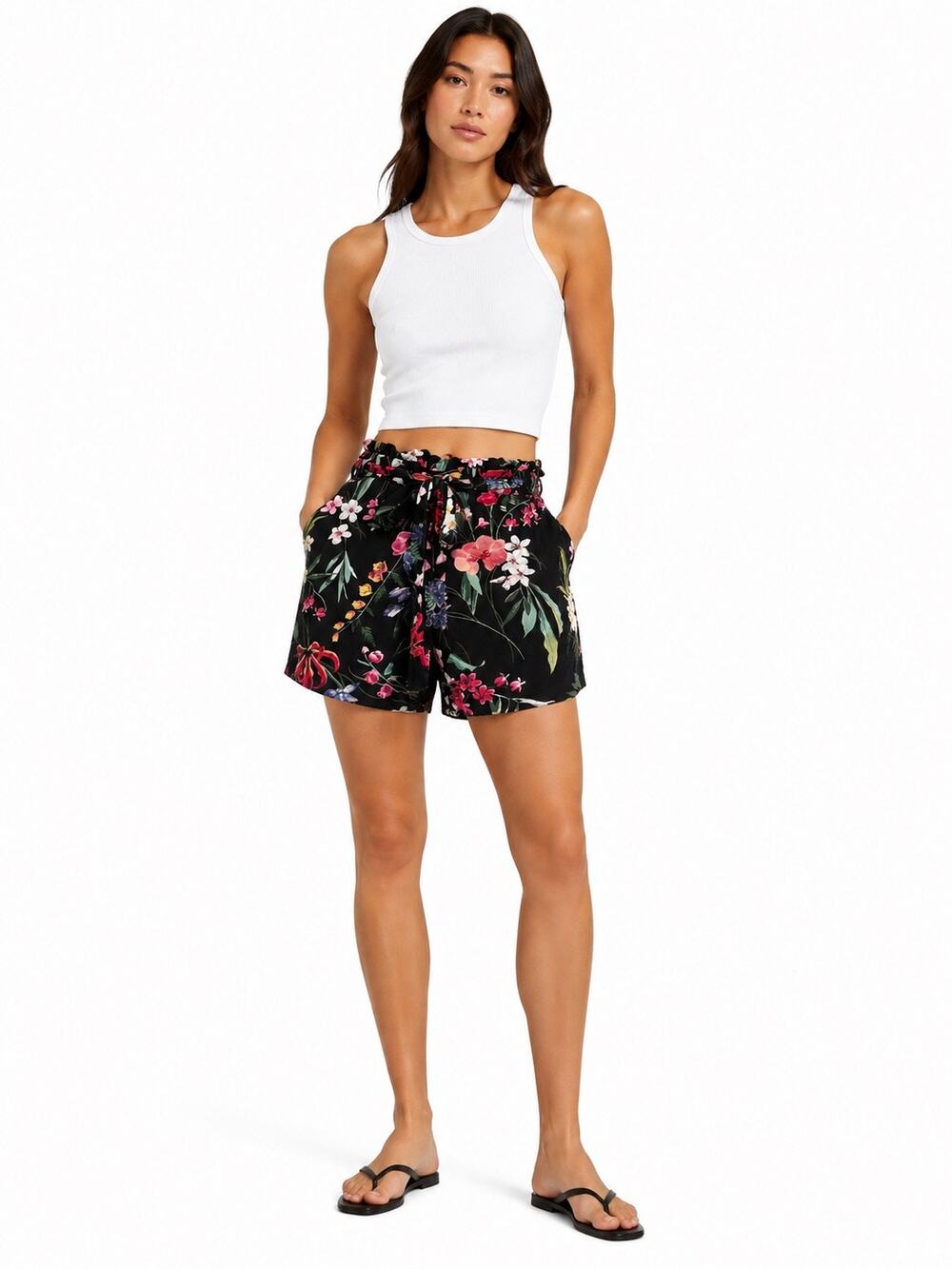 One 5 One Black Tropical Floral Print Elastic Waist Belted Shorts w/ Pockets